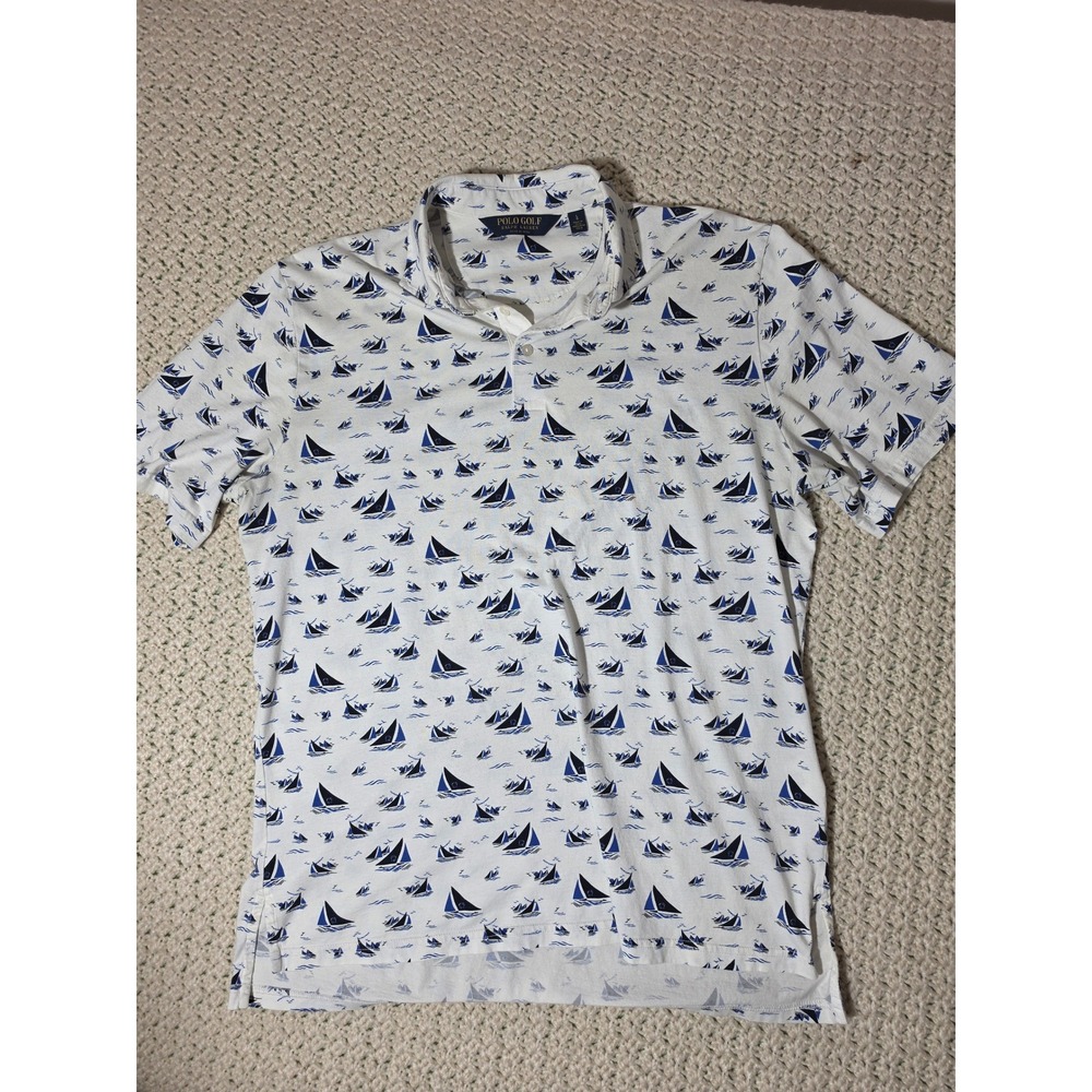 Polo Golf Ralph Lauren Polo Men Large White Sailboat Print Excellent Pima Cotton